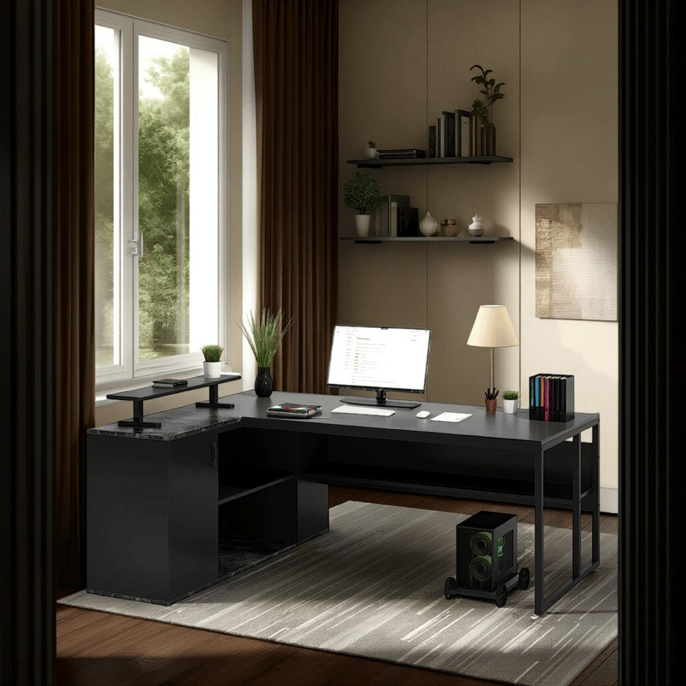 Executive Office Desk, 71 Inch Gray L Shape, 2 Shelves, Black Metal -BM328612