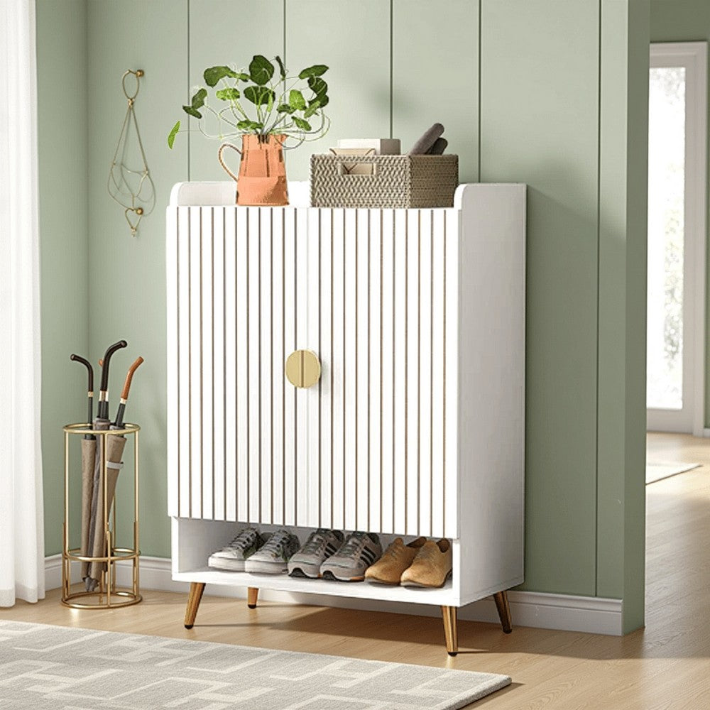 Shoe Cabinet, 2 Doors, 6 Tier Shelves, Gold Metal, White 43 Inch -BM328614