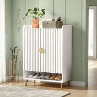 Shoe Cabinet, 2 Doors, 6 Tier Shelves, Gold Metal, White 43 Inch -BM328614