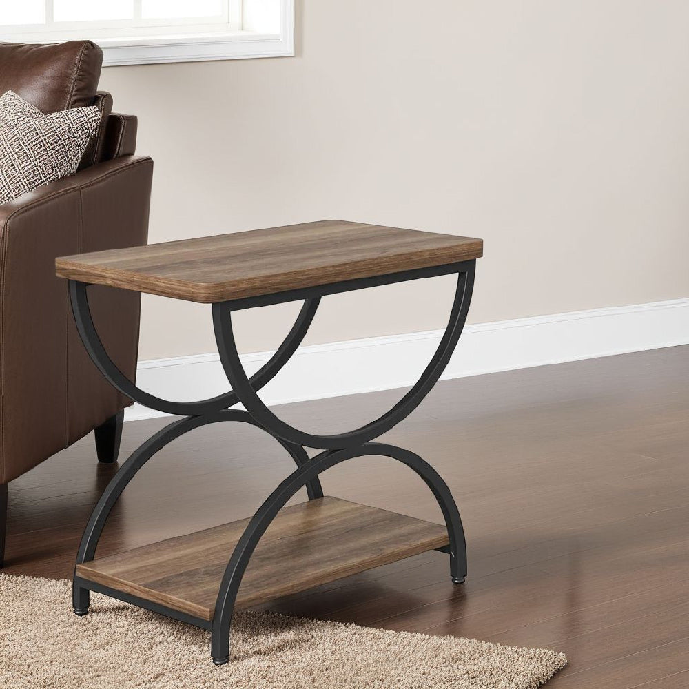 End Table, 24 Inch Rectangular Brown Top, Black Metal Half Round Base -BM328615