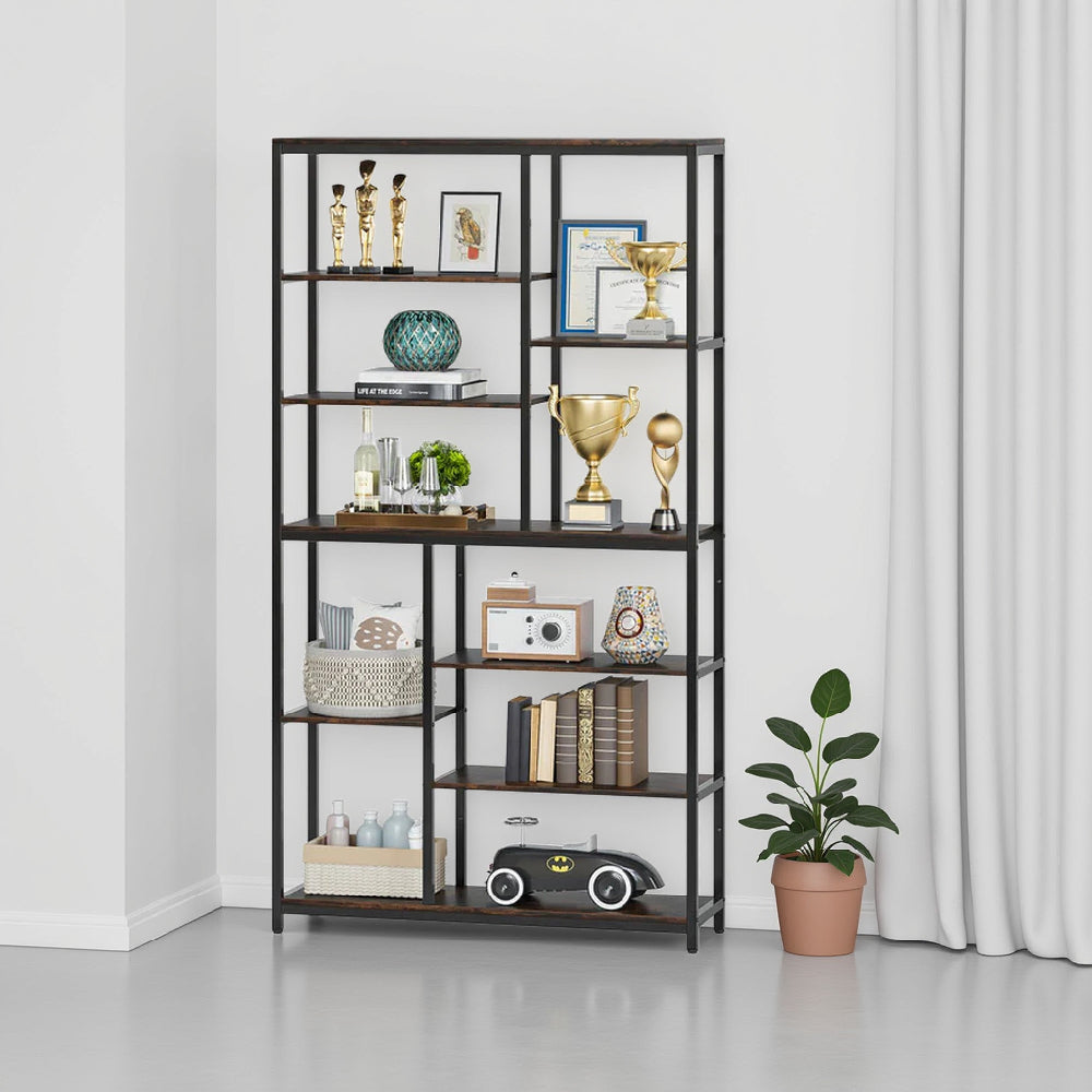 Tall Accent Bookshelf, 9 Tier Brown Shelves, Black Metal 78 Inch -BM328616