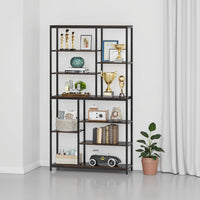 Tall Accent Bookshelf, 9 Tier Brown Shelves, Black Metal 78 Inch -BM328616