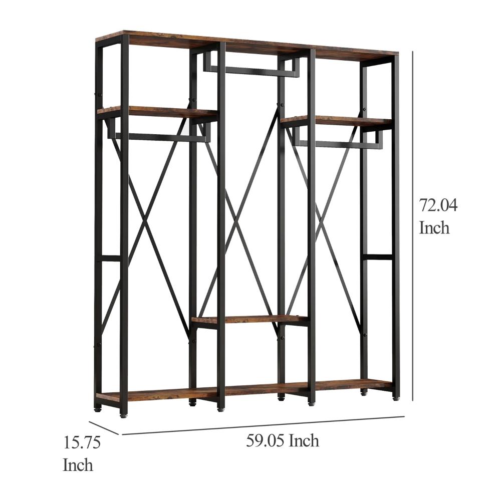 Garment Rack, 3 Black Metal Rods, 5 Rustic Brown Shelves, 72 Inch -BM328617