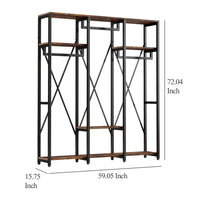 Garment Rack, 3 Black Metal Rods, 5 Rustic Brown Shelves, 72 Inch -BM328617