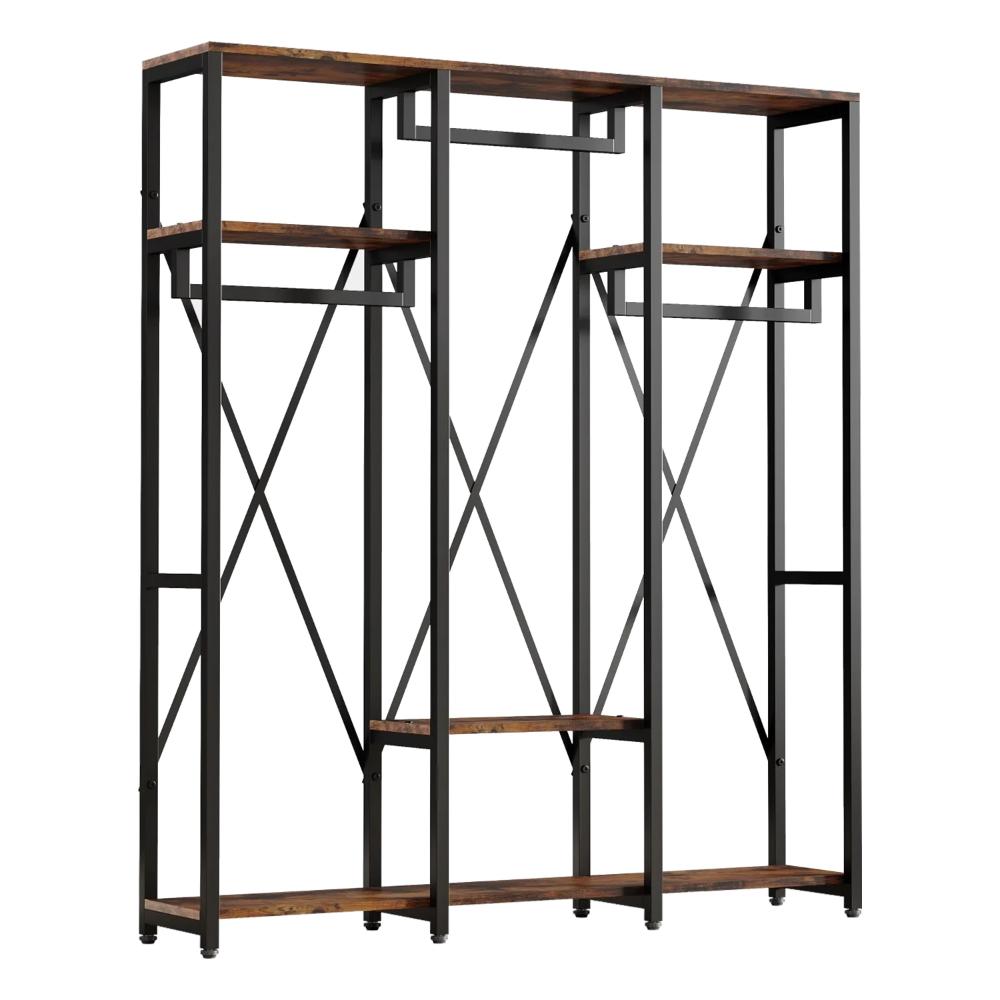 Garment Rack, 3 Black Metal Rods, 5 Rustic Brown Shelves, 72 Inch 