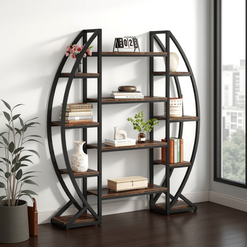 Oval Bookshelf, 12 Brown Wood Shelves, 5 Tier Black Frame, 69 Inch -BM328618