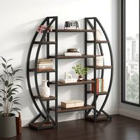 Oval Bookshelf, 12 Brown Wood Shelves, 5 Tier Black Frame, 69 Inch -BM328618