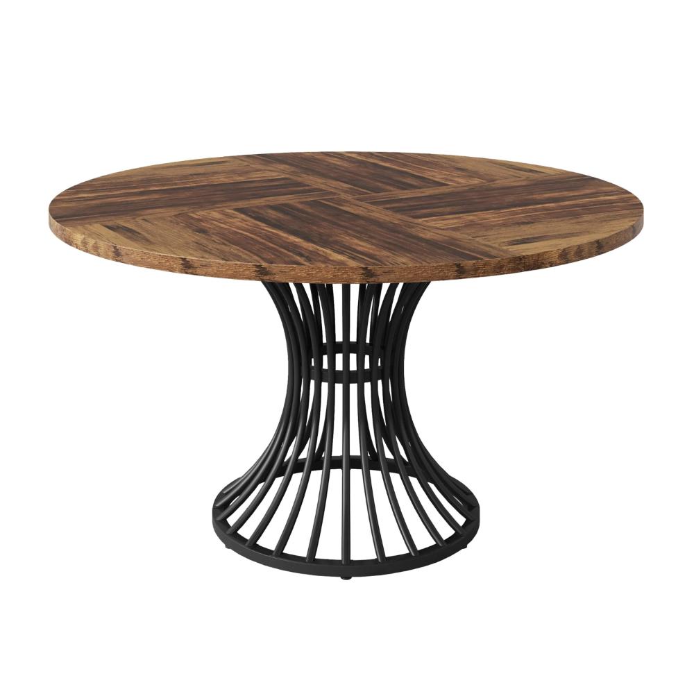 Dining Table, Round Brown Top, Black Hourglass Metal Base, 47 Inch -BM328619