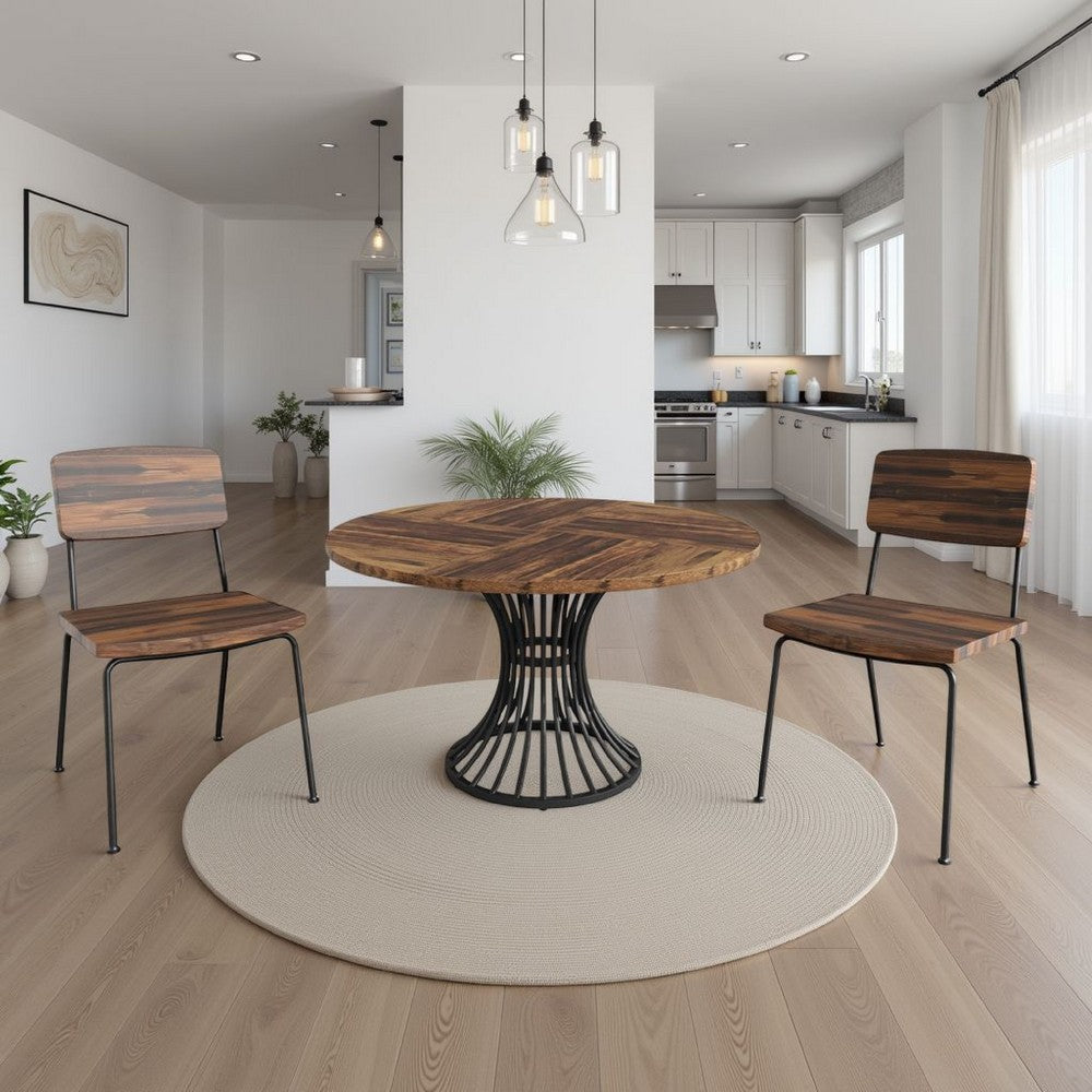 Dining Table, Round Brown Top, Black Hourglass Metal Base, 47 Inch -BM328619