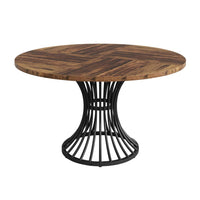 Dining Table, Round Brown Top, Black Hourglass Metal Base, 47 Inch