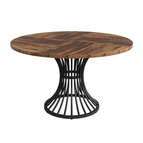 Dining Table, Round Brown Top, Black Hourglass Metal Base, 47 Inch
