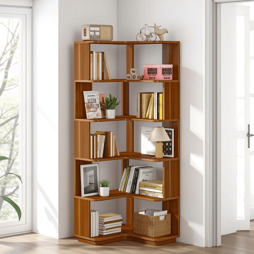 Nel Tall Corner Bookshelf, 6 Tier L Shape Brown Shelves, 65 Inch -BM328626