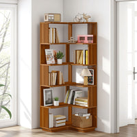 Nel Tall Corner Bookshelf, 6 Tier L Shape Brown Shelves, 65 Inch -BM328626
