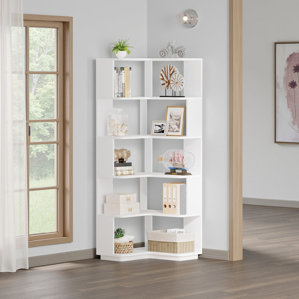 Nel Tall Corner Bookshelf, 6 Tier L Design White Shelves, 65 Inch -BM328627