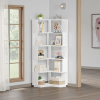 Nel Tall Corner Bookshelf, 6 Tier L Design White Shelves, 65 Inch -BM328627