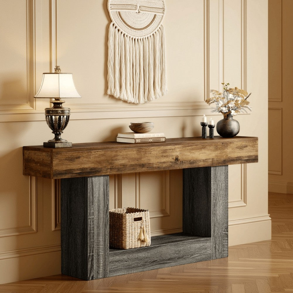 Console Table, Brown Rectangular Top, Gray U Shape Base, 63 Inch -BM328630