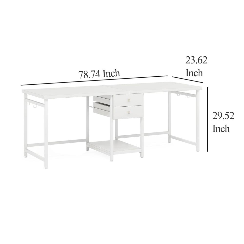 Office Desk, 78 Inch Glossy White, Metal Legs, 2 Drawers 1 Shelf -BM328634
