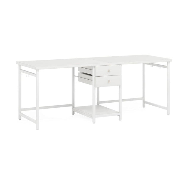 Office Desk, 78 Inch Glossy White, Metal Legs, 2 Drawers 1 Shelf