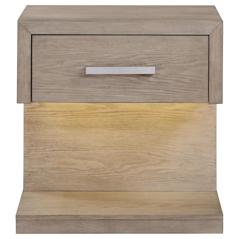 Keno Nightstand, 27 Inch Brown Acacia Wood, Storage Drawer, LED Light -BM328638