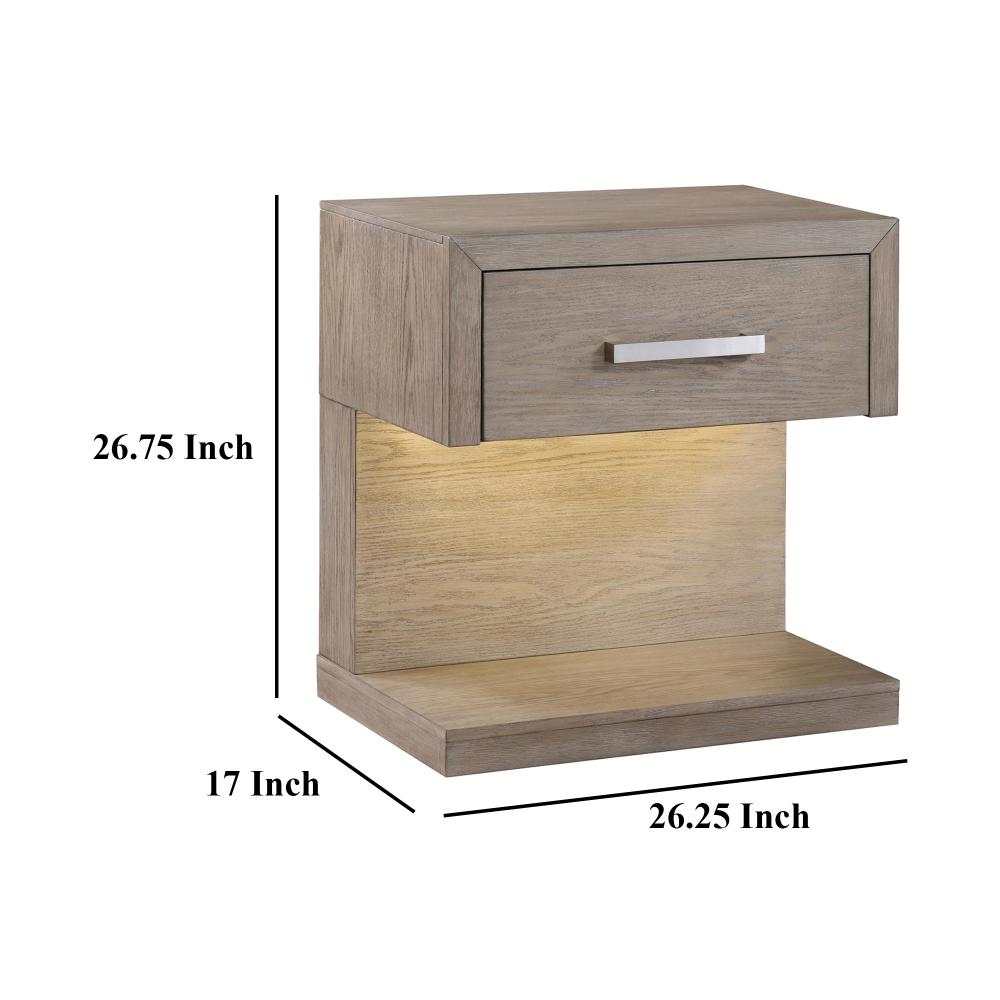 Keno Nightstand, 27 Inch Brown Acacia Wood, Storage Drawer, LED Light -BM328638