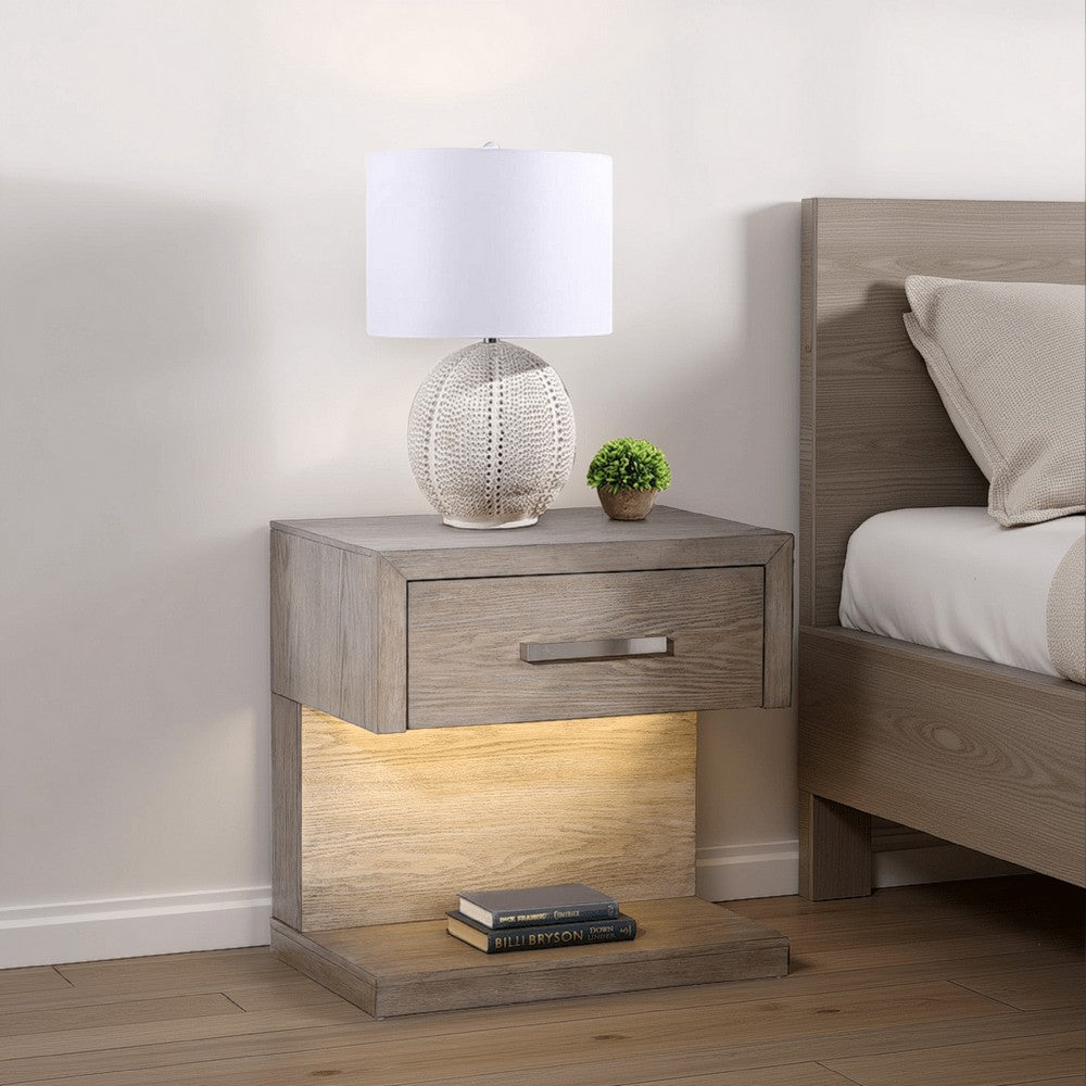 Keno Nightstand, 27 Inch Brown Acacia Wood, Storage Drawer, LED Light -BM328638