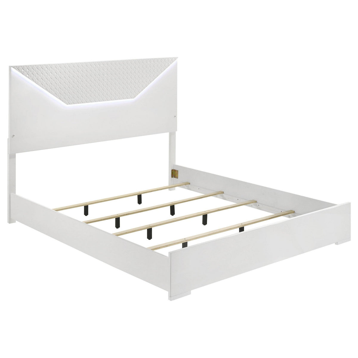 Ivon King Bed, 3D Embossed LED Headboard, Glossy White Solid Wood-BM328642