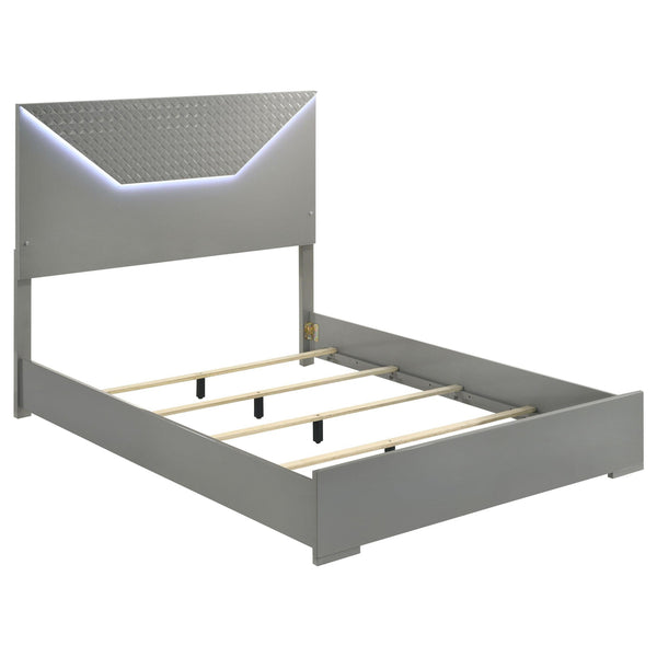 Ivon Queen Size Bed, 3D Embossed LED Headboard, Gray Solid Hardwood-BM328646