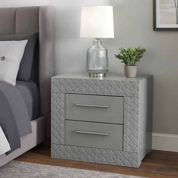Ivon Nightstand, 2 Storage Drawers, 26 Inch Glossy Gray Hardwood -BM328648