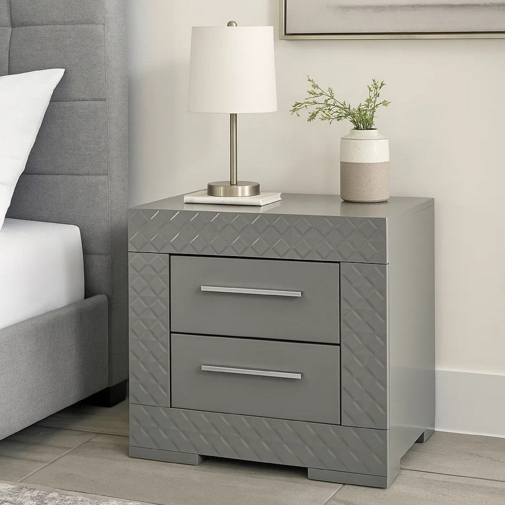 Ivon Nightstand, 2 Storage Drawers, 26 Inch Glossy Gray Hardwood -BM328648
