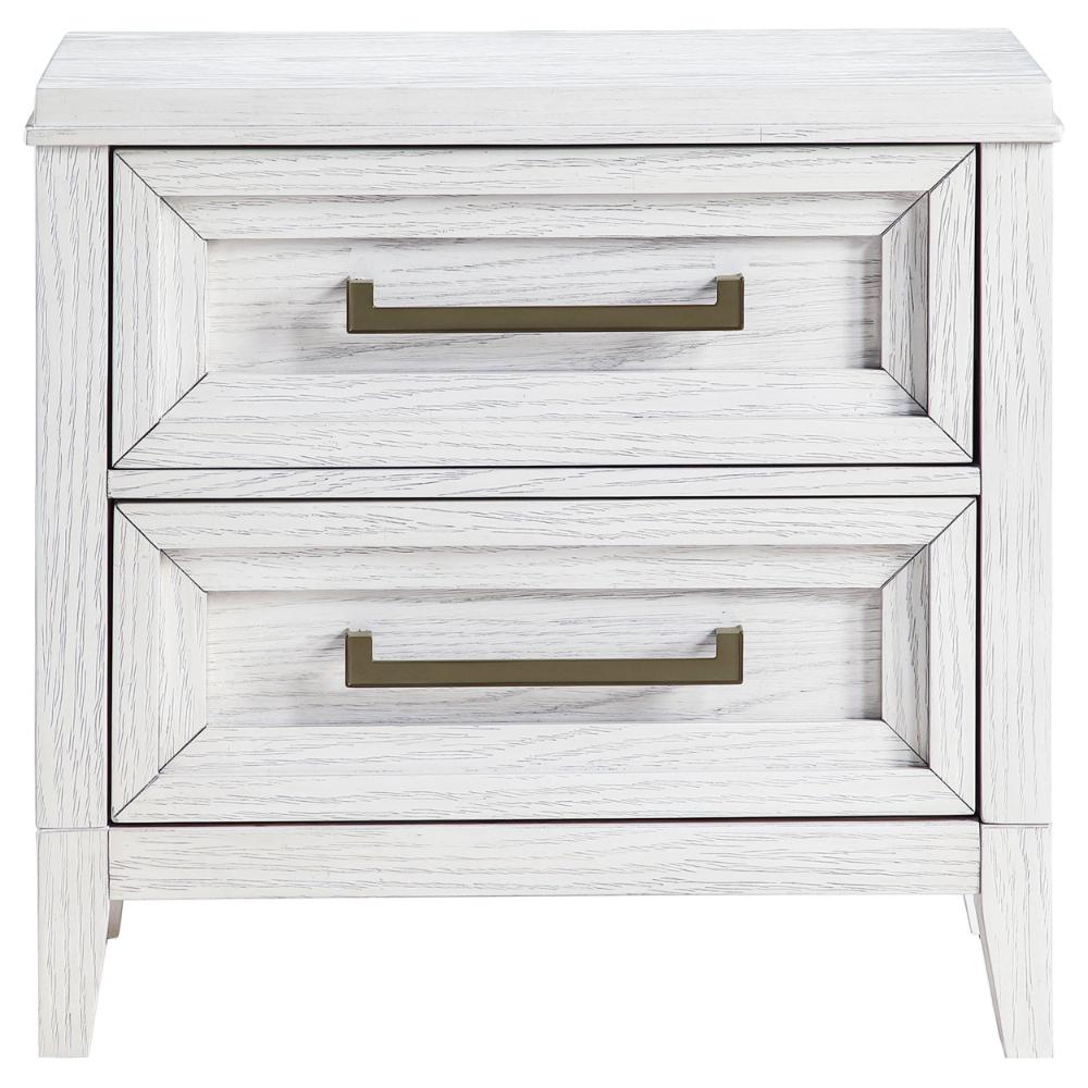 Leva Nightstand, 28 Inch, Distressed White Acacia Wood, 2 Drawers -BM328654