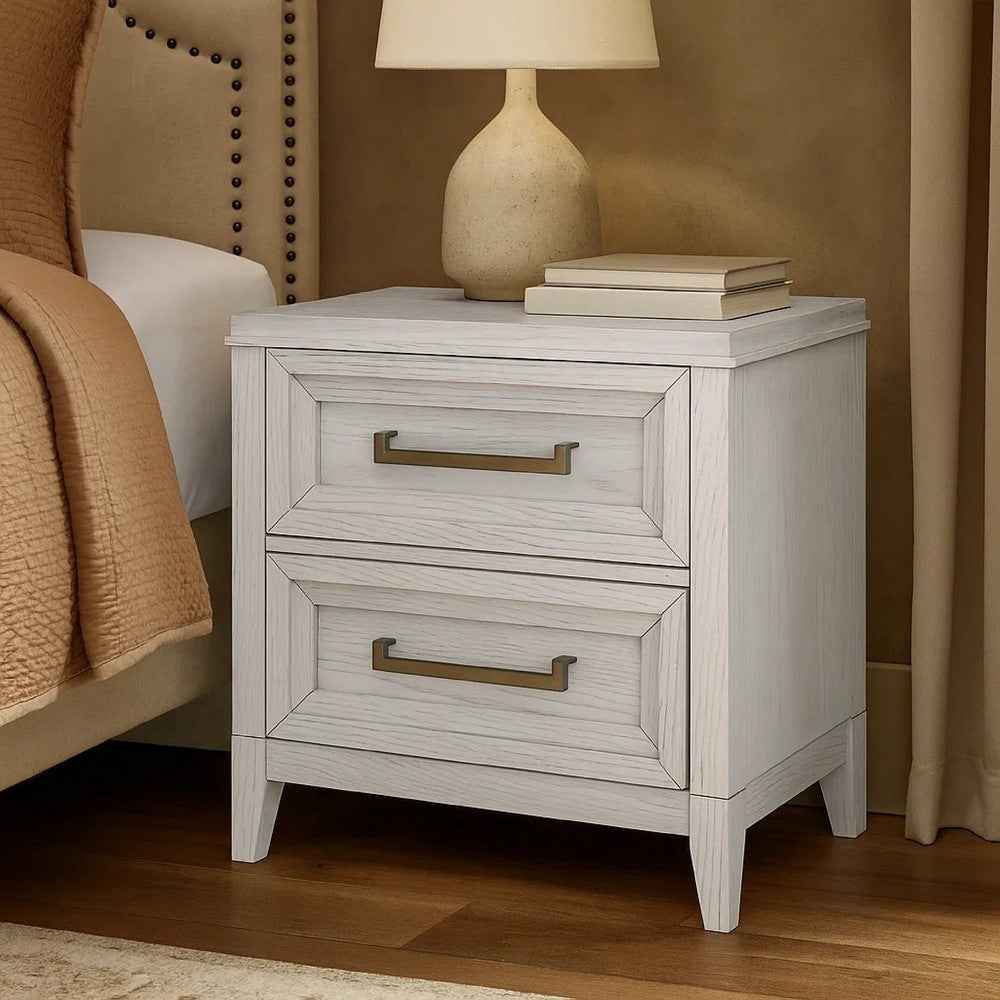 Leva Nightstand, 28 Inch, Distressed White Acacia Wood, 2 Drawers -BM328654