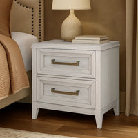 Leva Nightstand, 28 Inch, Distressed White Acacia Wood, 2 Drawers -BM328654