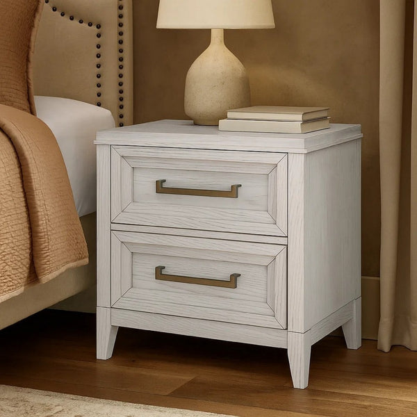 Leva Nightstand, 28 Inch, Distressed White Acacia Wood, 2 Drawers -BM328654