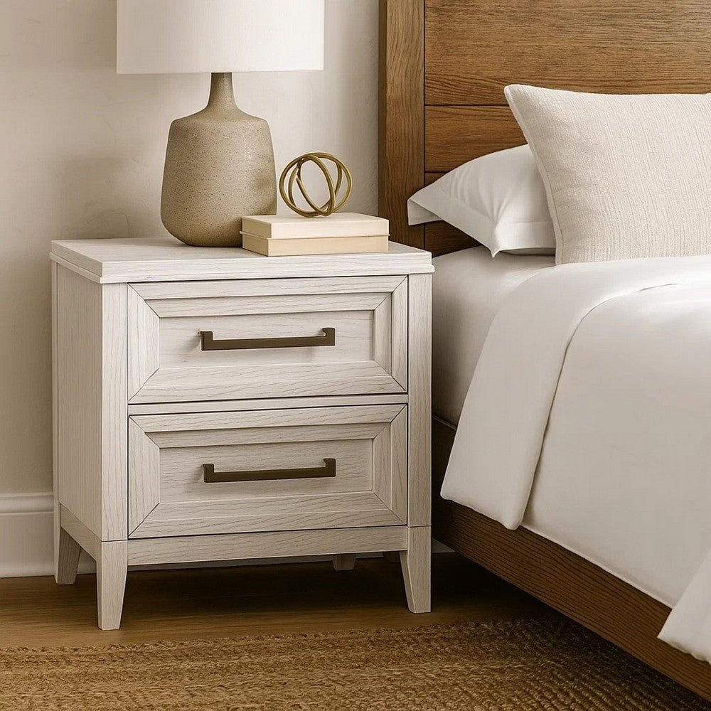Leva Nightstand, 28 Inch, Distressed White Acacia Wood, 2 Drawers -BM328654