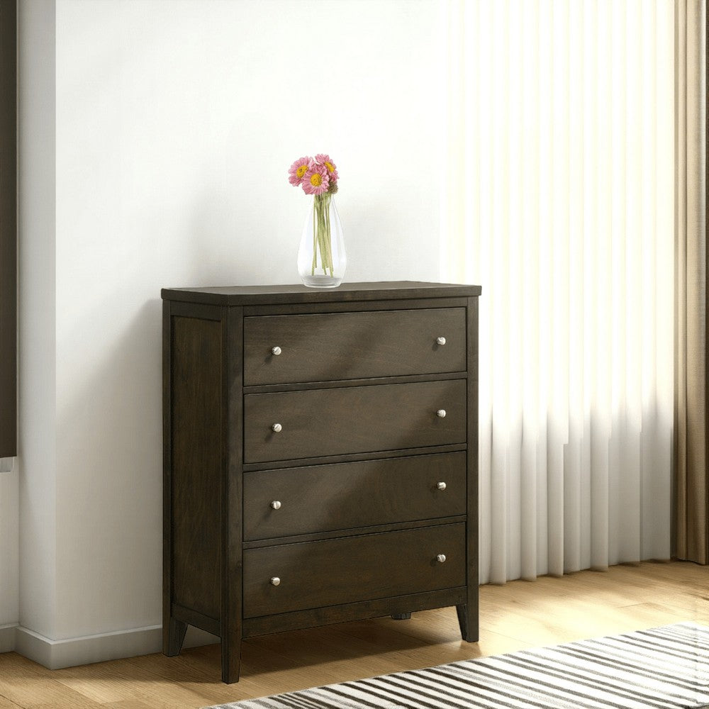 Wily Tall Dresser Chest, Dark Brown Wood, 4 Drawer, Round Nickel Knobs -BM328675