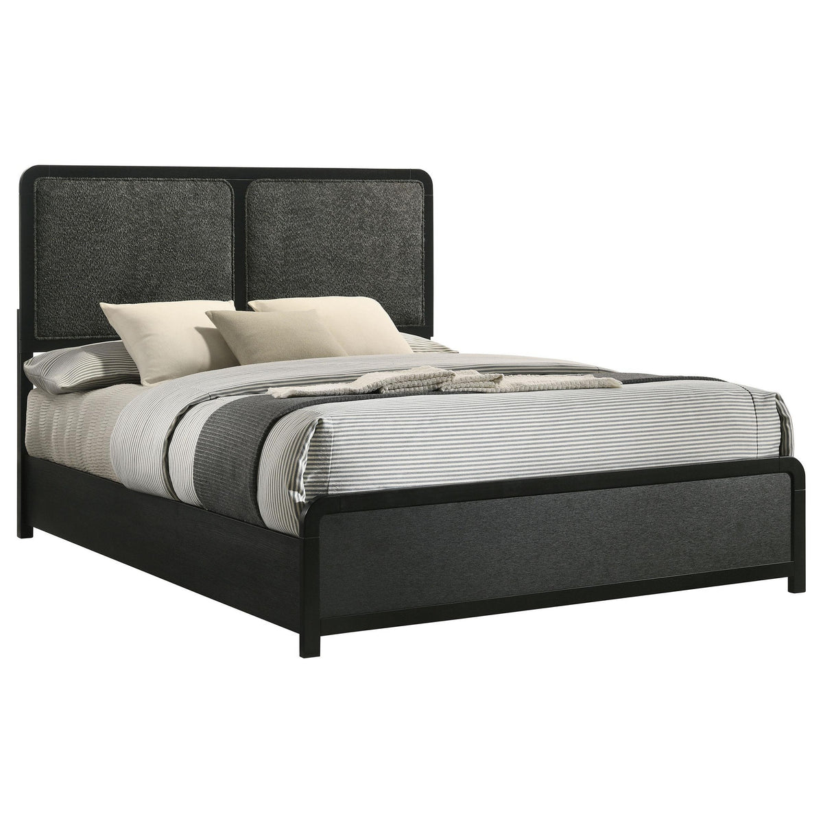 Cavy Queen Size Bed, Channel Tufted Upholstered Headboard, Black Gray
