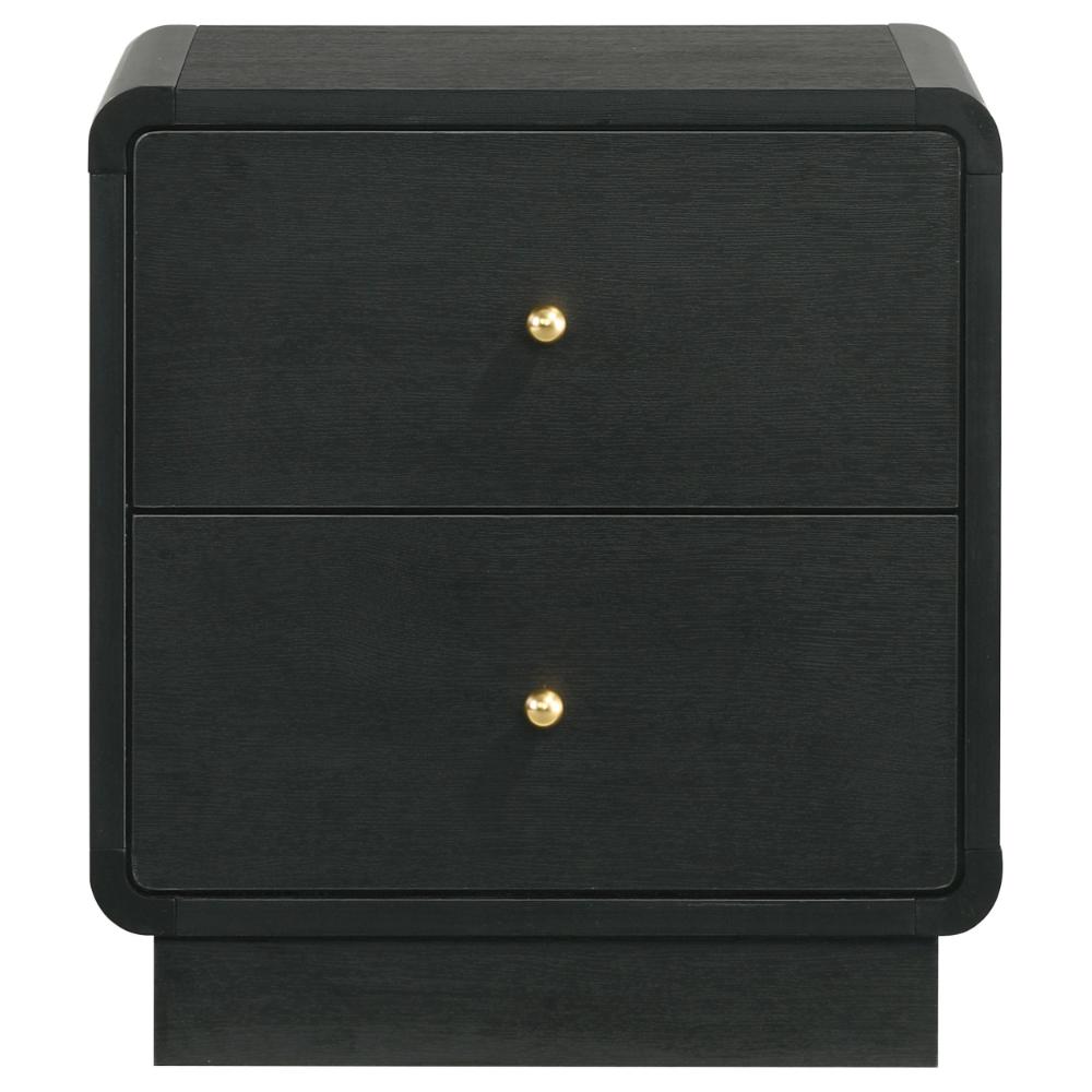 Cavy Nightstand, 2 Storage Drawers, Black Wood, Round Gold Knobs -BM328678