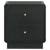 Cavy Nightstand, 2 Storage Drawers, Black Wood, Round Gold Knobs -BM328678