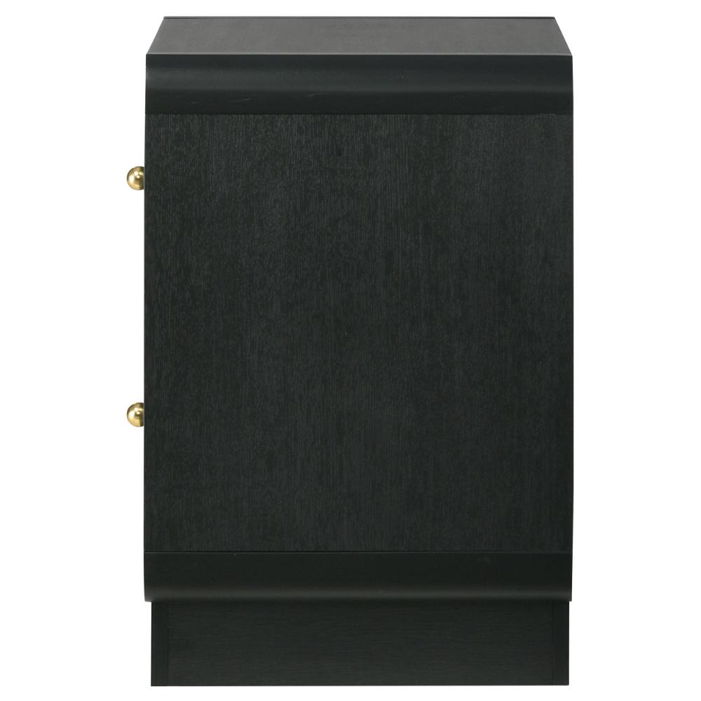 Cavy Nightstand, 2 Storage Drawers, Black Wood, Round Gold Knobs -BM328678