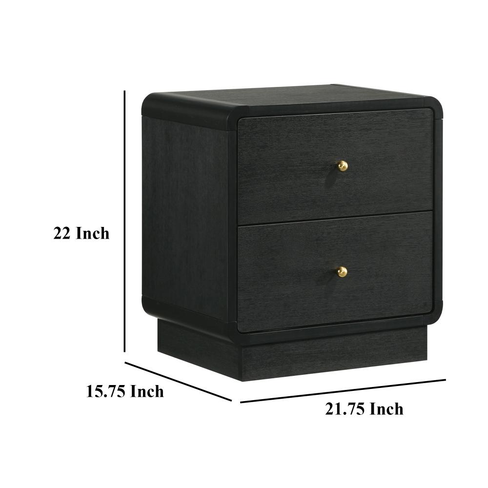 Cavy Nightstand, 2 Storage Drawers, Black Wood, Round Gold Knobs -BM328678