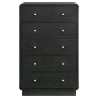 Cavy Tall Dresser Chest, 6 Drawers, Black Wood, Round Gold Knobs -BM328680