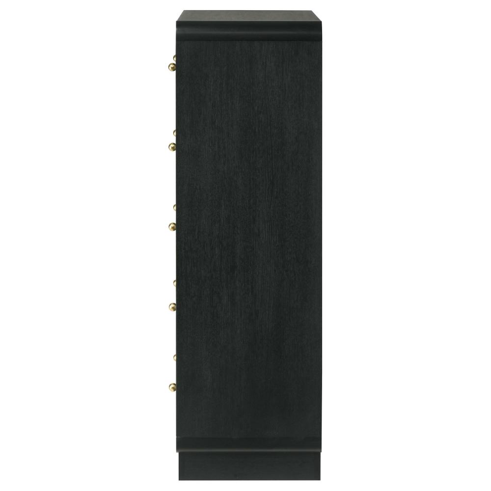 Cavy Tall Dresser Chest, 6 Drawers, Black Wood, Round Gold Knobs -BM328680