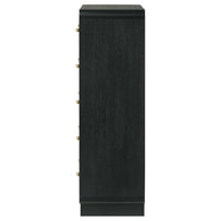Cavy Tall Dresser Chest, 6 Drawers, Black Wood, Round Gold Knobs -BM328680