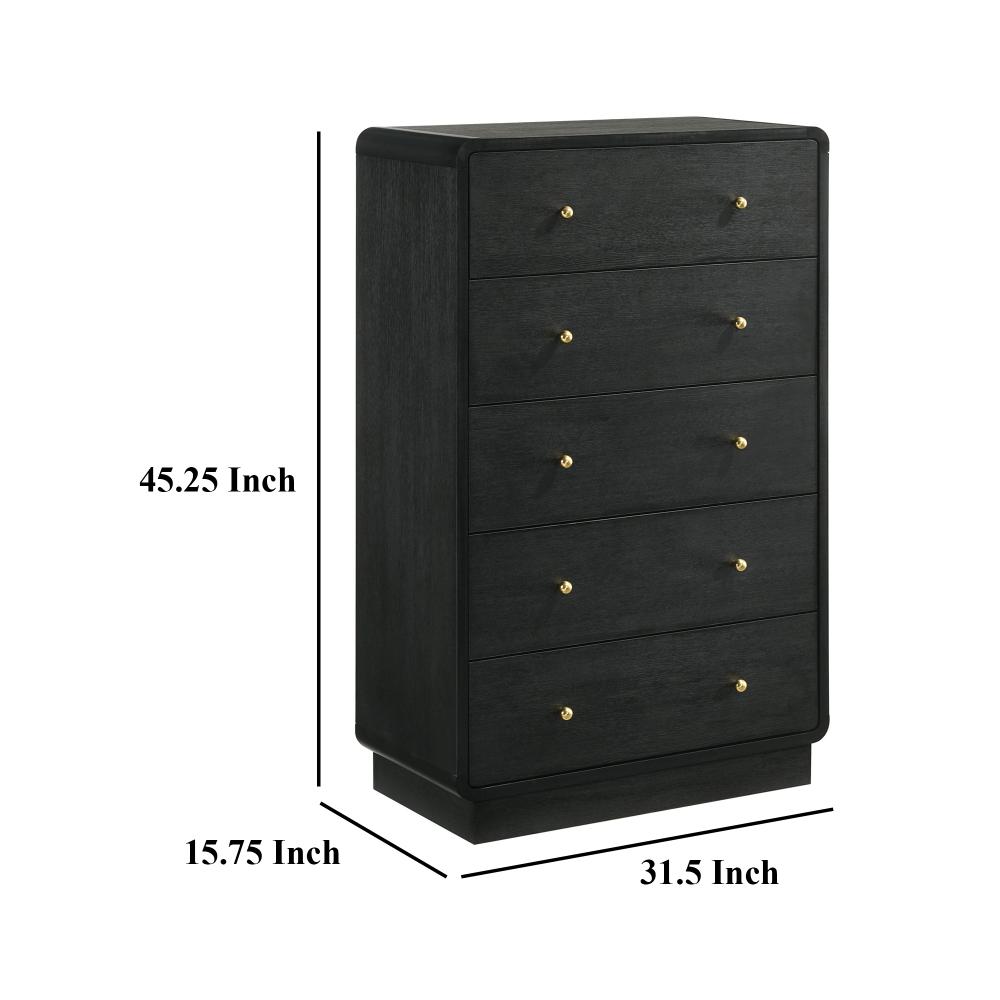 Cavy Tall Dresser Chest, 6 Drawers, Black Wood, Round Gold Knobs -BM328680