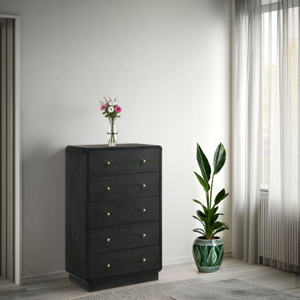 Cavy Tall Dresser Chest, 6 Drawers, Black Wood, Round Gold Knobs -BM328680
