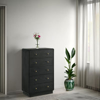 Cavy Tall Dresser Chest, 6 Drawers, Black Wood, Round Gold Knobs -BM328680