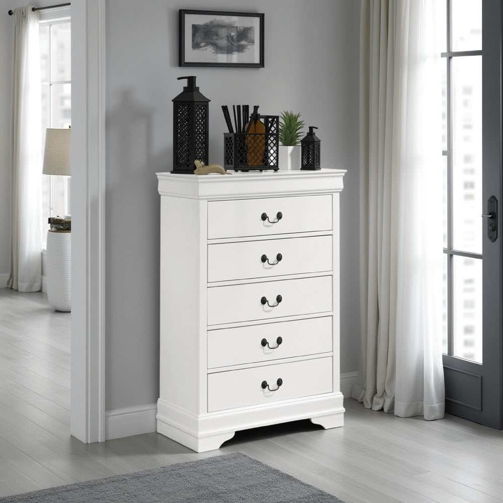 Nim Tall Dresser Chest, 5 Storage Drawers, Classic White Molded Trim -BM328687