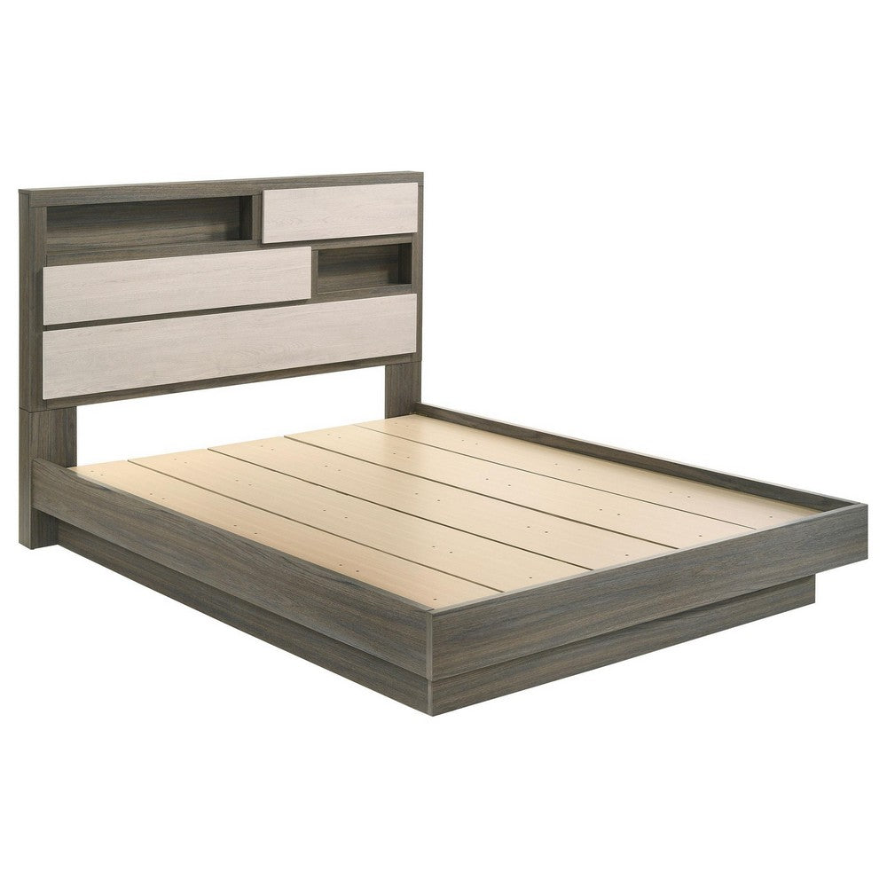Fene Queen Size Bed, Bookcase Headboard, Wood Gray, Hidden Storage - BM328688