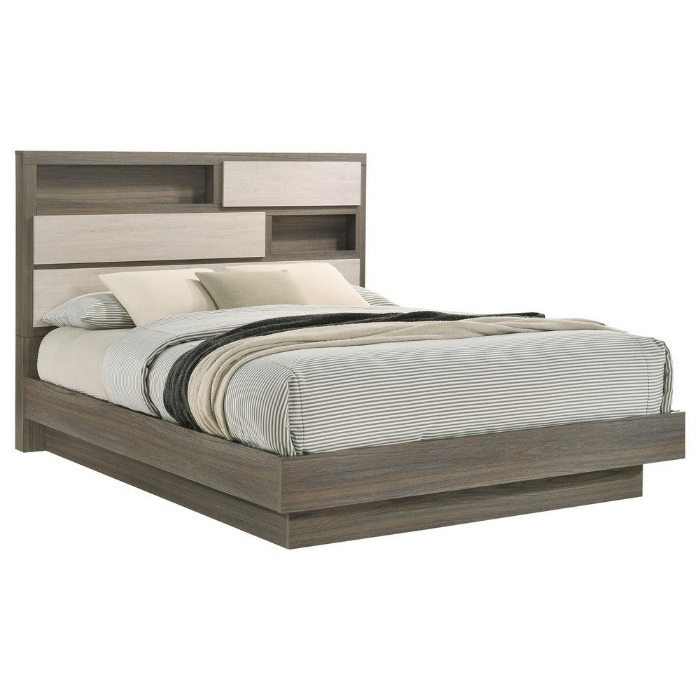 Fene Queen Size Bed, Bookcase Headboard, Wood Gray, Hidden Storage - BM328688