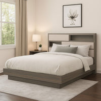Fene Queen Size Bed, Bookcase Headboard, Wood Gray, Hidden Storage - BM328688